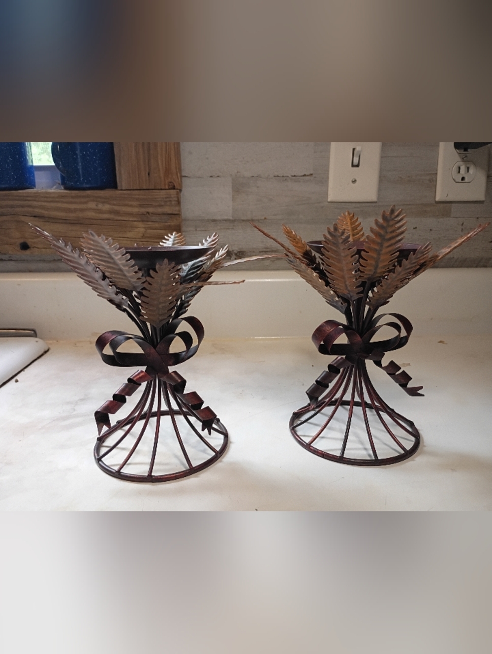 Decorative Metal Wheat Candle Holders in Copper Tone- Pair